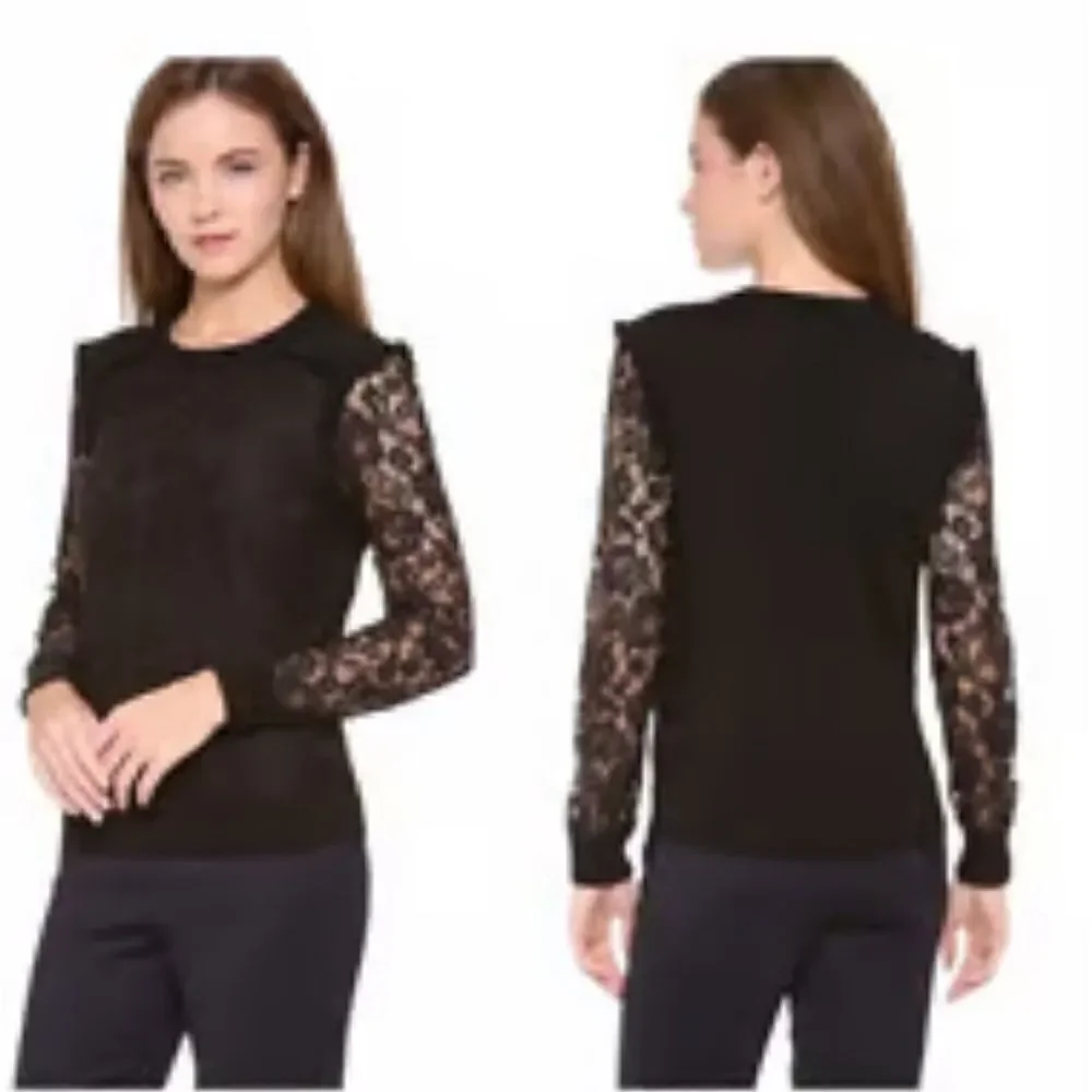 Tory Burch Dina‎ Merino Wool Black Lace Sleeves Crew Neck Black Sweater Medium